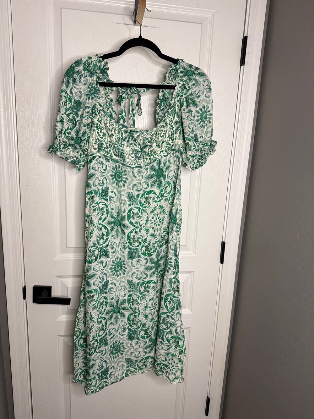 Anthropologie Green-White Smocked Square-Neck Midi Dress - Picture 5 of 9